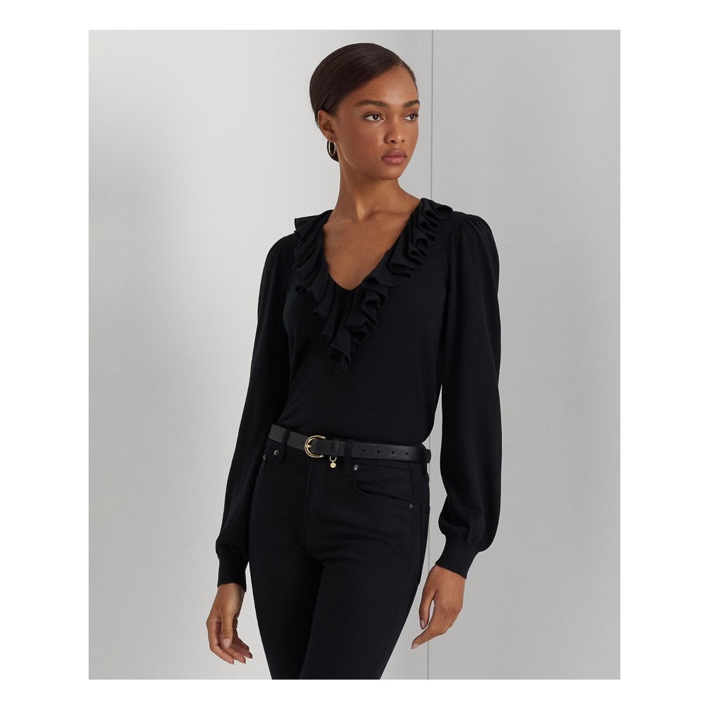 LAUREN RALPH LAUREN Womens Ruffled Ribbed Trim V‎ Neck Black Sweater Size xl